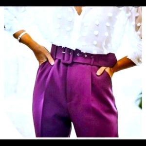 Zara purple high waisted dart belted pants